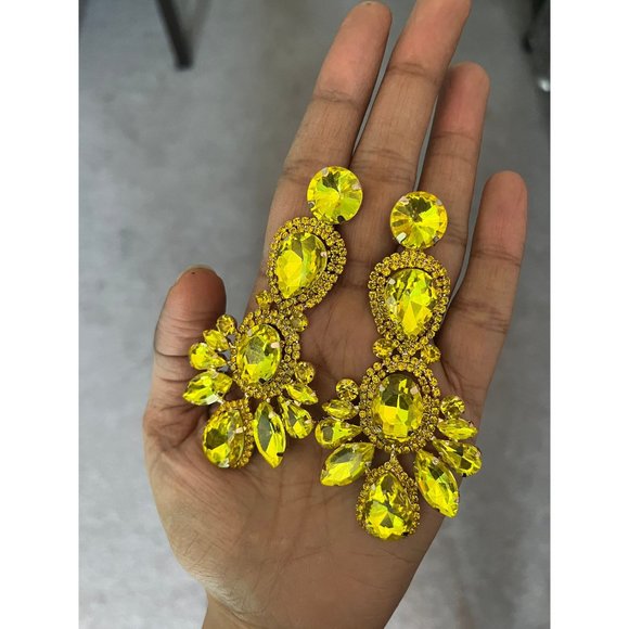 Big Yellow earrings large jonquil rhinestone crystal chandelier huge pierced - Picture 8 of 9